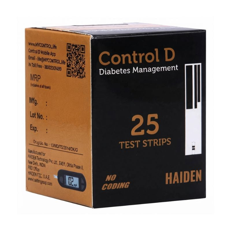 Control D strips 25 with MRP details, manufacturing and expiry information, lot number, drug license number, and HAIDEN Technology manufacturing details for quality assurance.