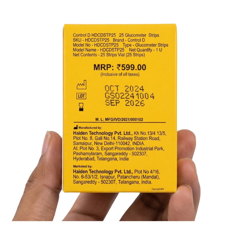 Control D strips 25 – SKU HDCDSTP25, model HDCDSTP25, MRP Rs. 599.00, lot GS02241004, expiry SEP 2026, and complete manufacturing and marketing details by Haiden Technology Pvt. Ltd.