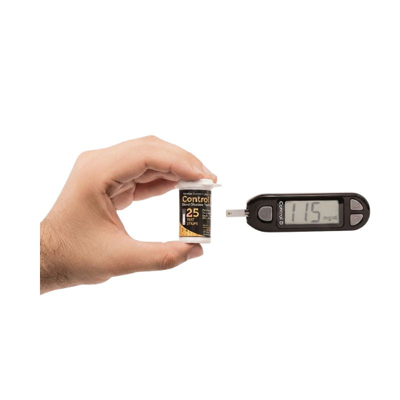 Control D strips 25 vial showing 25 test strips with mg/dL measurement unit for convenient diabetes blood sugar monitoring.