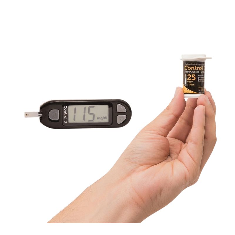 Control D strips 25 vial displaying 25 test strips and mg/dL measurement for accurate and reliable blood glucose testing.