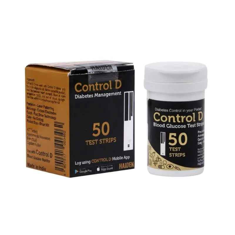 Control D strips 50 – made in India, 50 test strips per pack, compatible with Control D mobile app for iOS and Android, and manufactured by HAIDEN for reliable diabetes management.