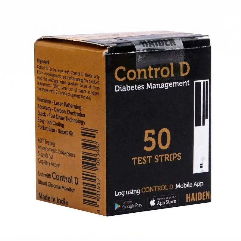 Control D strips 50 with precision laser patterning, carbon electrodes for accuracy, fast draw technology, no coding, pocket-size smart kit, and Control D mobile app compatibility for comprehensive diabetes management.
