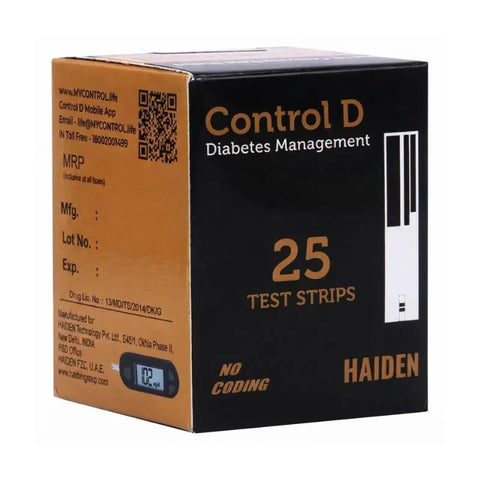 Outer box packaging of control d strips featuring 25 test strips count and mobile app QR code.