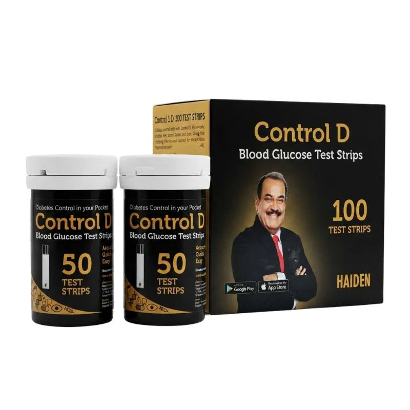 Control D test strips for sugar – 100 blood glucose test strips, diabetes control in your pocket, accurate quick and easy testing with Google Play and App Store app compatibility.