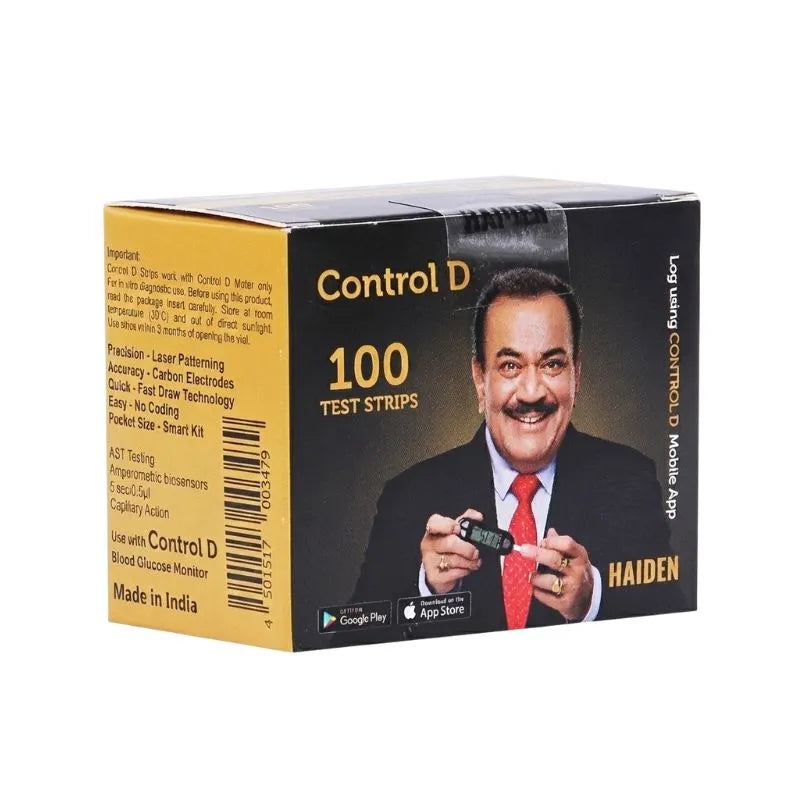 Control D test strips for sugar – 100 test strips with precision laser patterning, carbon electrodes, fast draw technology, no coding, pocket-size smart kit, and mobile app compatibility for comprehensive diabetes management.