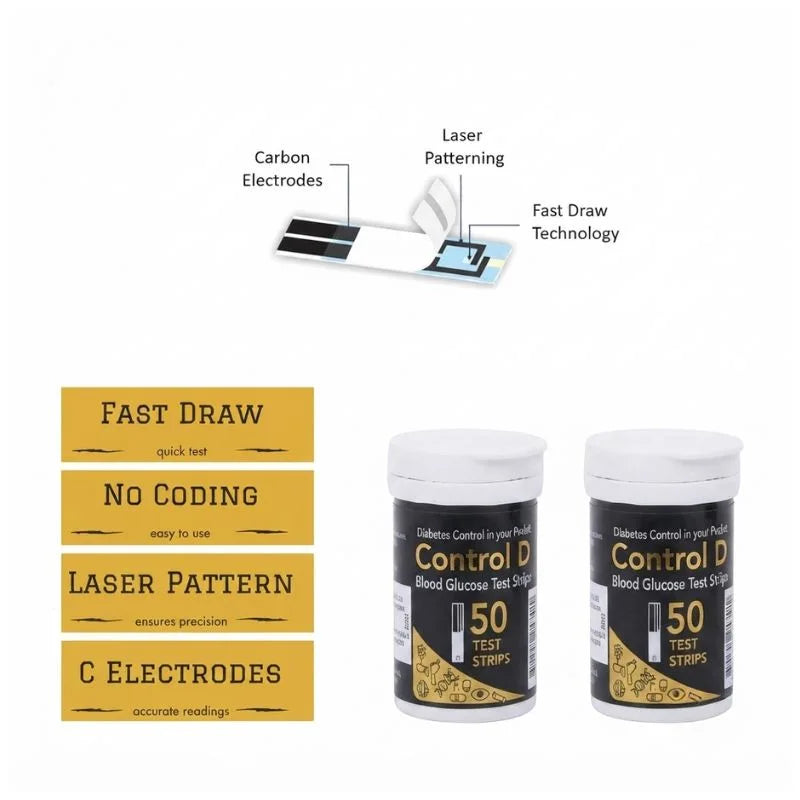 Control D test strips for sugar – 50 strips with carbon electrodes, laser patterning, fast draw technology, no coding, and accurate readings for reliable blood sugar testing.