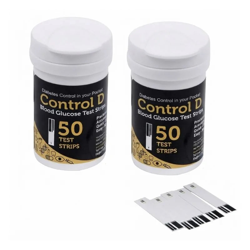 Control D test strips for sugar – 50 test strips vial displaying 50 strips count for convenient daily blood glucose monitoring.