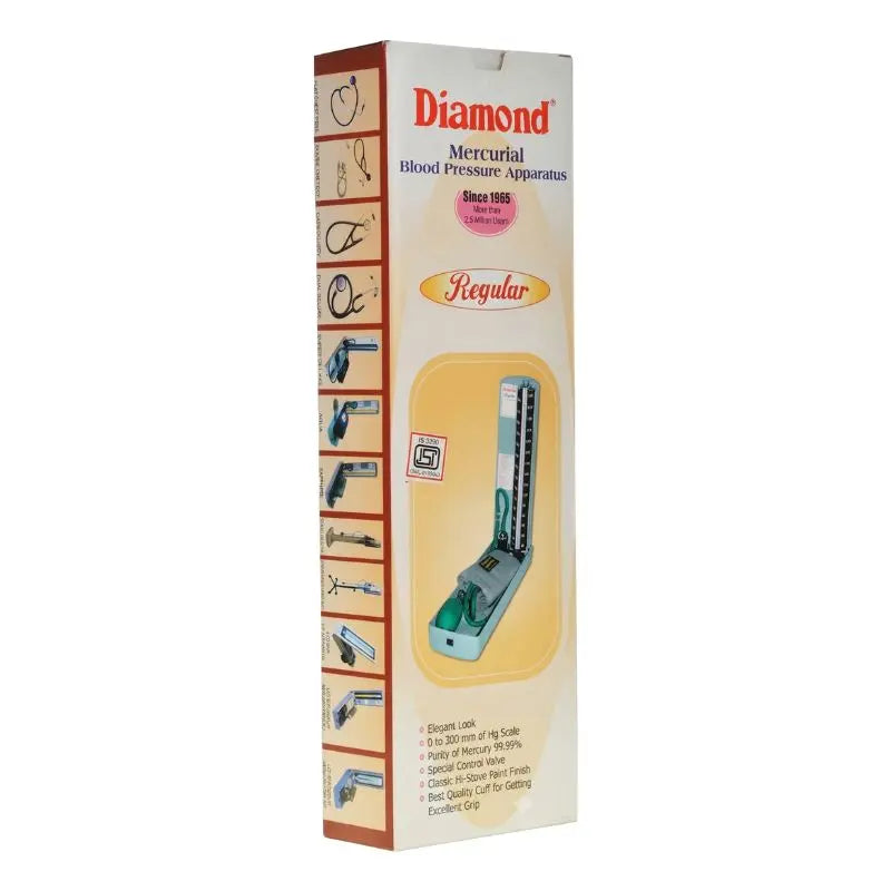 A diamond blood pressure machine BP-112 regular box packaging featuring mercurial apparatus details and purity certification.