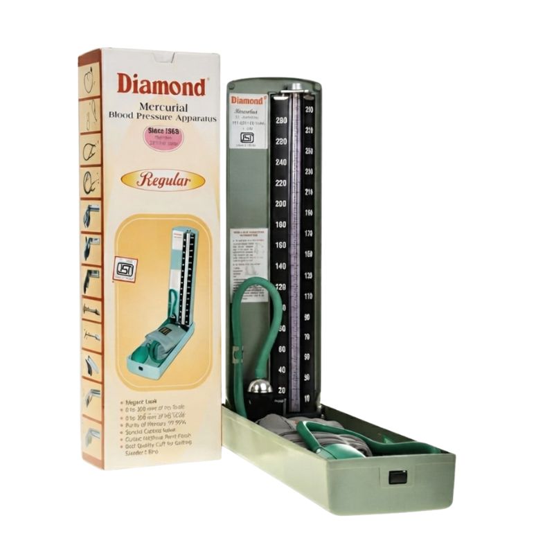 Close-up view of Diamond regular mercurial blood pressure machine scale displaying mmHg readings – featuring a clear, easy-to-read glass column for accurate diastolic and systolic pressure tracking.