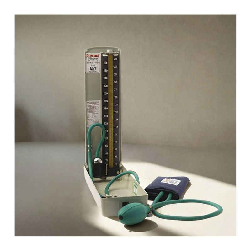 Diamond BP 112 regular mercurial blood pressure apparatus with cuff – a classic manual sphygmomanometer since 1965, featuring regular size cuff and elegant design for professional and home use.