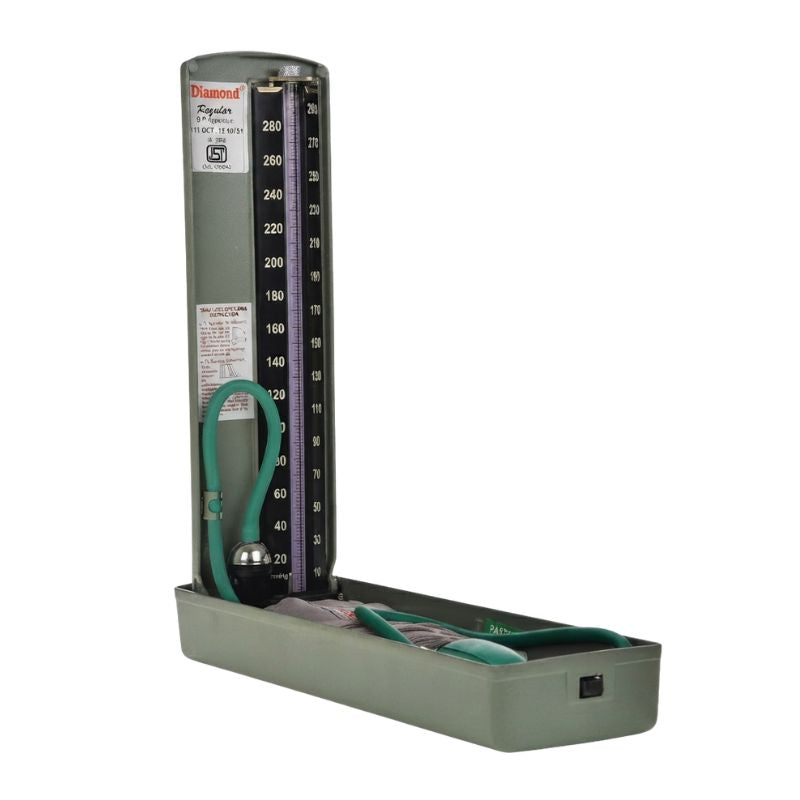 Diamond BP 112 regular mercurial blood pressure machine featuring elegant look, 0-300 mmHg scale, 99.99% pure mercury, special control valve, classic hi-stove paint finish, and best quality cuff for excellent grip – a trusted manual blood pressure apparatus since 1965.

