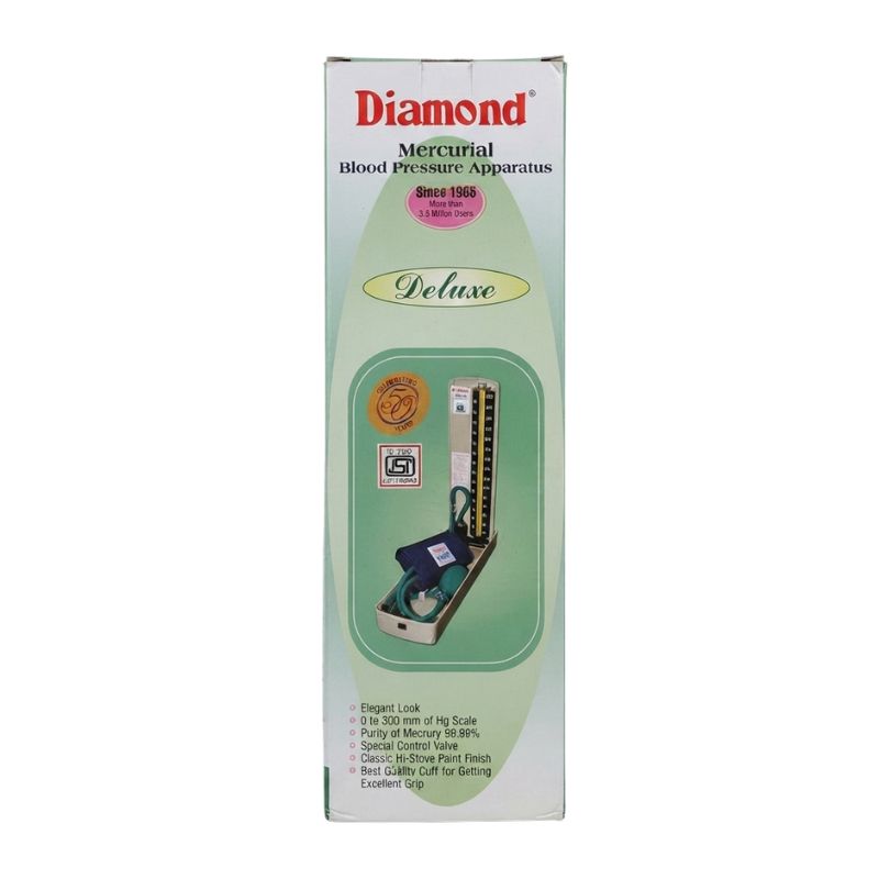 Diamond BPMR120 deluxe mercurial blood pressure apparatus packaging – featuring elegant look, 0-300 mm of Hg scale, 99.99% pure mercury, special control valve, classic hi-stove paint finish, and best quality cuff for excellent grip.