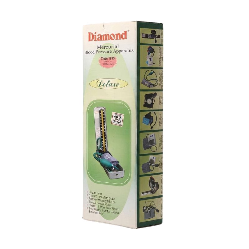 Diamond BPMR120 mercurial bp machine deluxe model box front view – since 1985, featuring significant look, 0-300 mm of Hg scale, 99.99% purity of mercury, classic hi-stove paint finish, and best quality cuff for excellent grip.