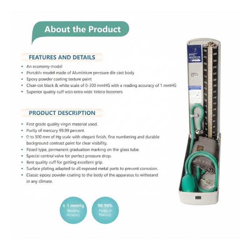 Diamond BPMR120 mercurial bp machine deluxe model features and specifications – economy portable model with aluminum pressure die cast body, epoxy powder coating, 0-300 mmHg scale with 1 mmHg accuracy, and superior quality cuff with extra wide Velcro fasteners for reliable blood pressure measurement.