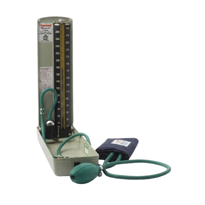 Diamond mercurial bp machine scale showing readings from 10 to 280 mmHg – a precise and clear glass column scale for accurate diastolic and systolic blood pressure measurement in clinical and home settings.