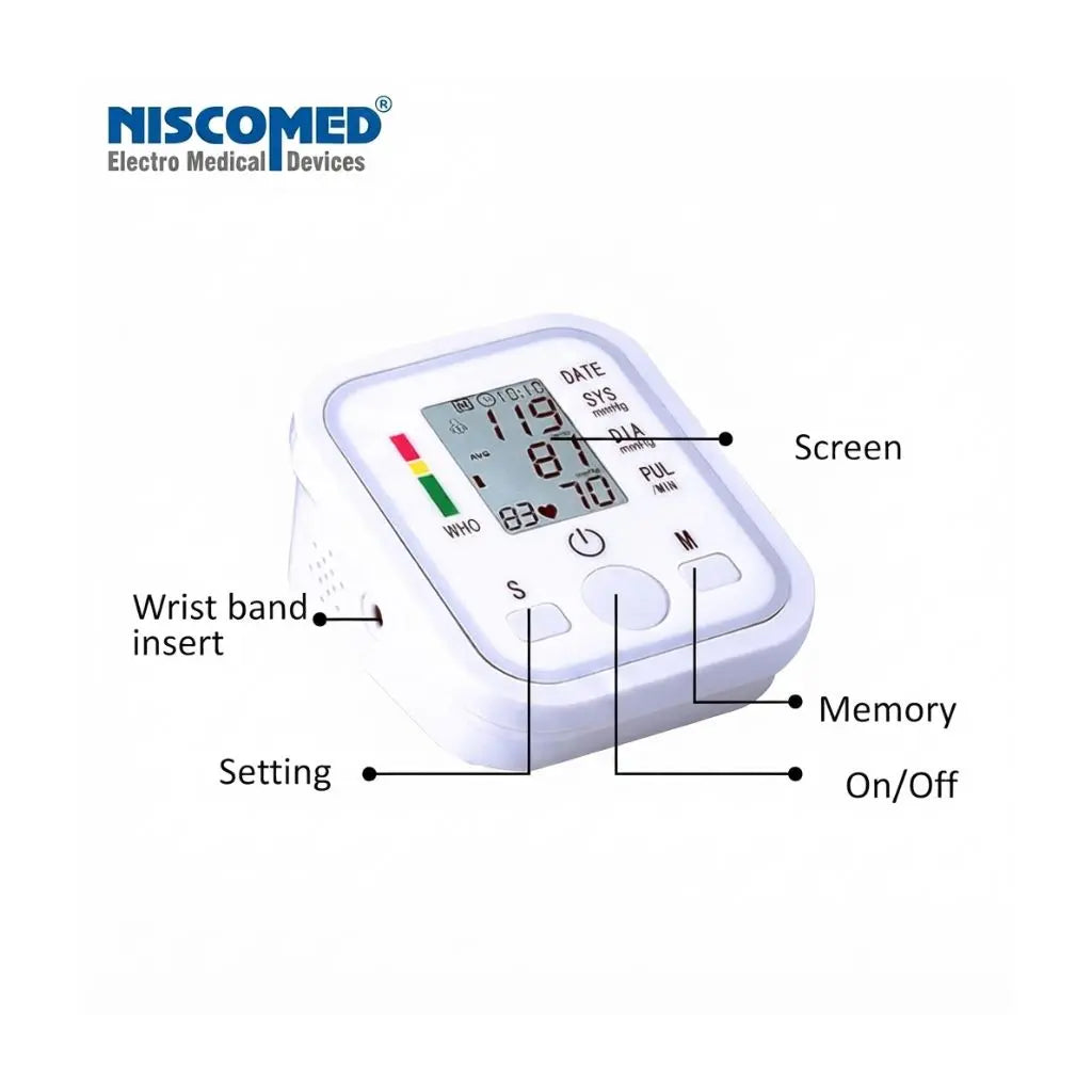 Labeled button layout of the Niscomed PW-222 digital blood pressure machine showing screen, setting, and memory controls.