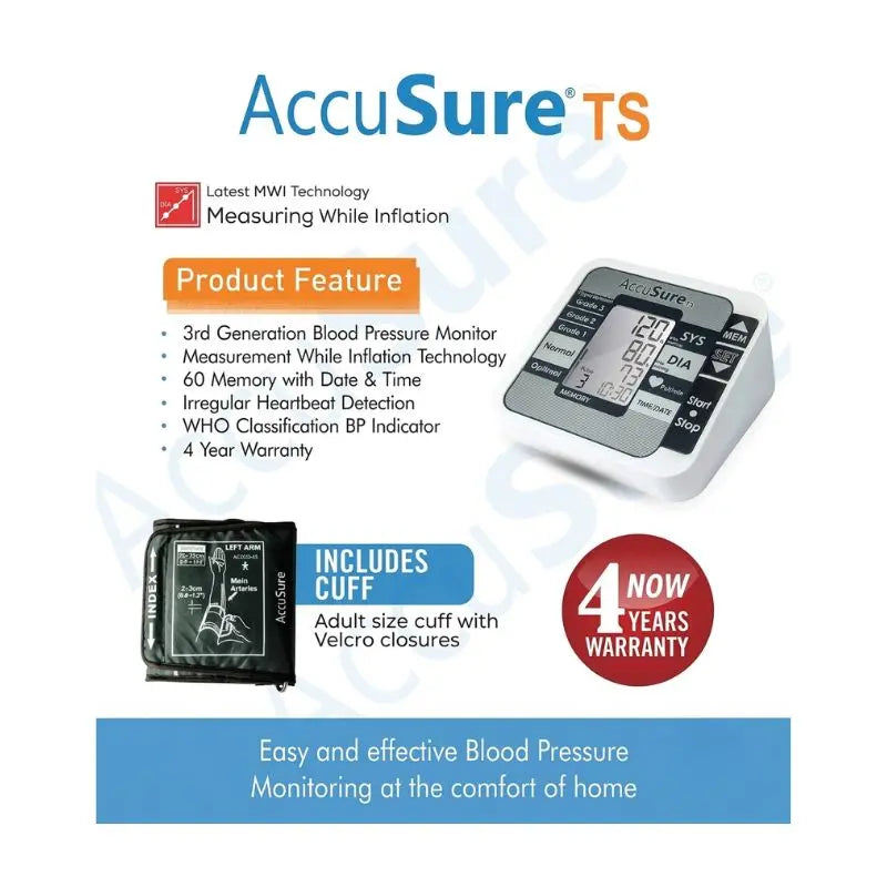 Promotional banner highlighting 3rd generation technology, measuring while inflation (MWI), and 4-year warranty for the AccuSure TS Digital BP Machine.