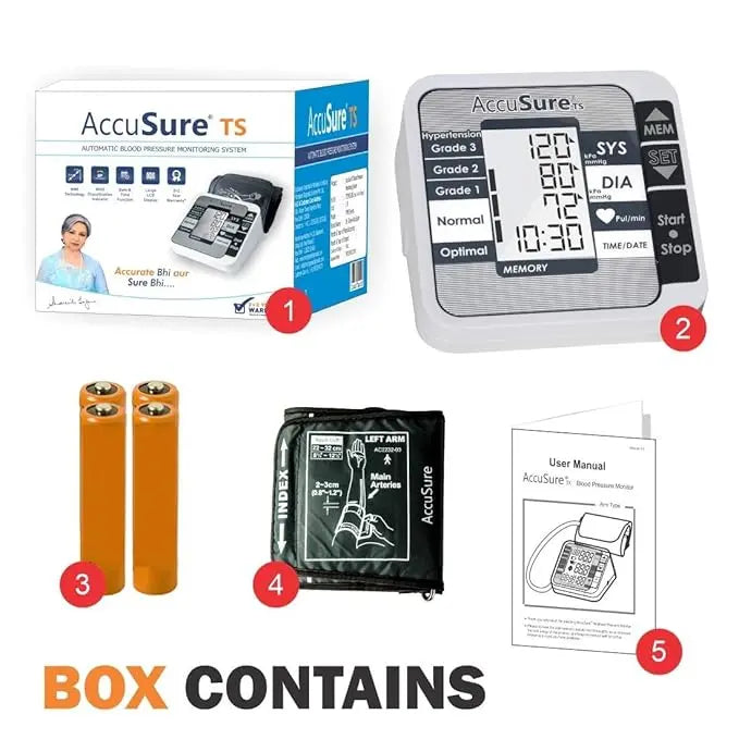 Complete box contents showing the monitor, batteries, arm cuff, and user manual for the AccuSure TS Digital BP Machine.