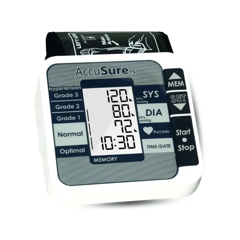 Close-up view of the digital monitor unit displaying blood pressure readings, time, and hypertension categories on the AccuSure TS Digital BP Machine.