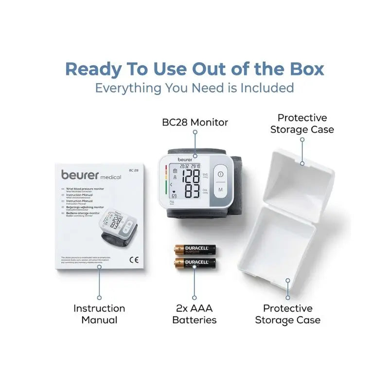 Complete box contents overview showing the monitor, instruction manual, AAA batteries, and storage case for the Beurer BC 28 Digital BP Machine.