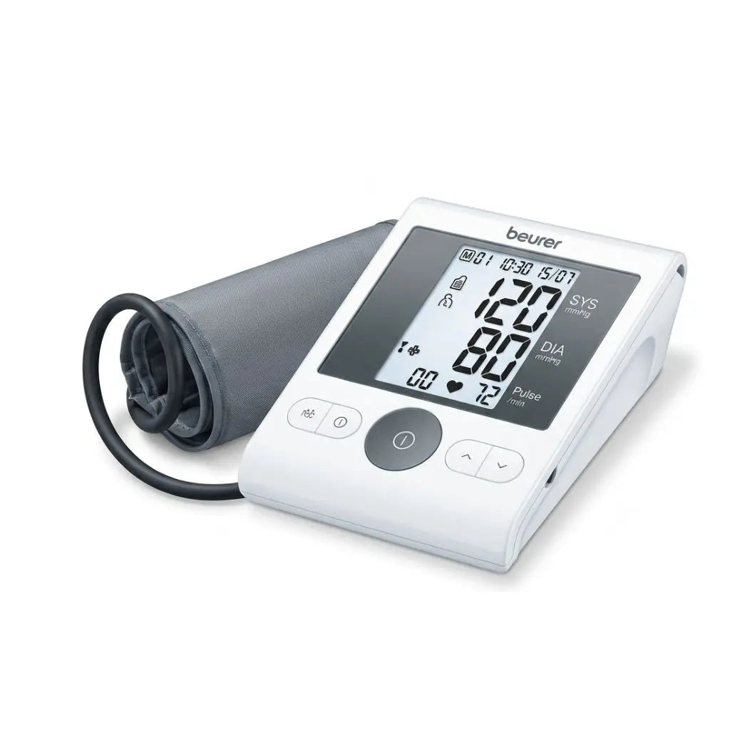 Complete setup overview featuring the digital monitor and connected universal upper arm cuff of the digital bp monitor Beurer BM28 with Adapter.