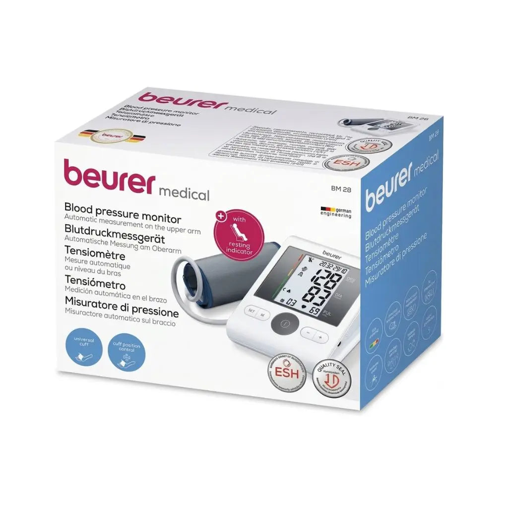Retail packaging box showcasing features and accessories of the digital bp monitor Beurer BM28 with Adapter.