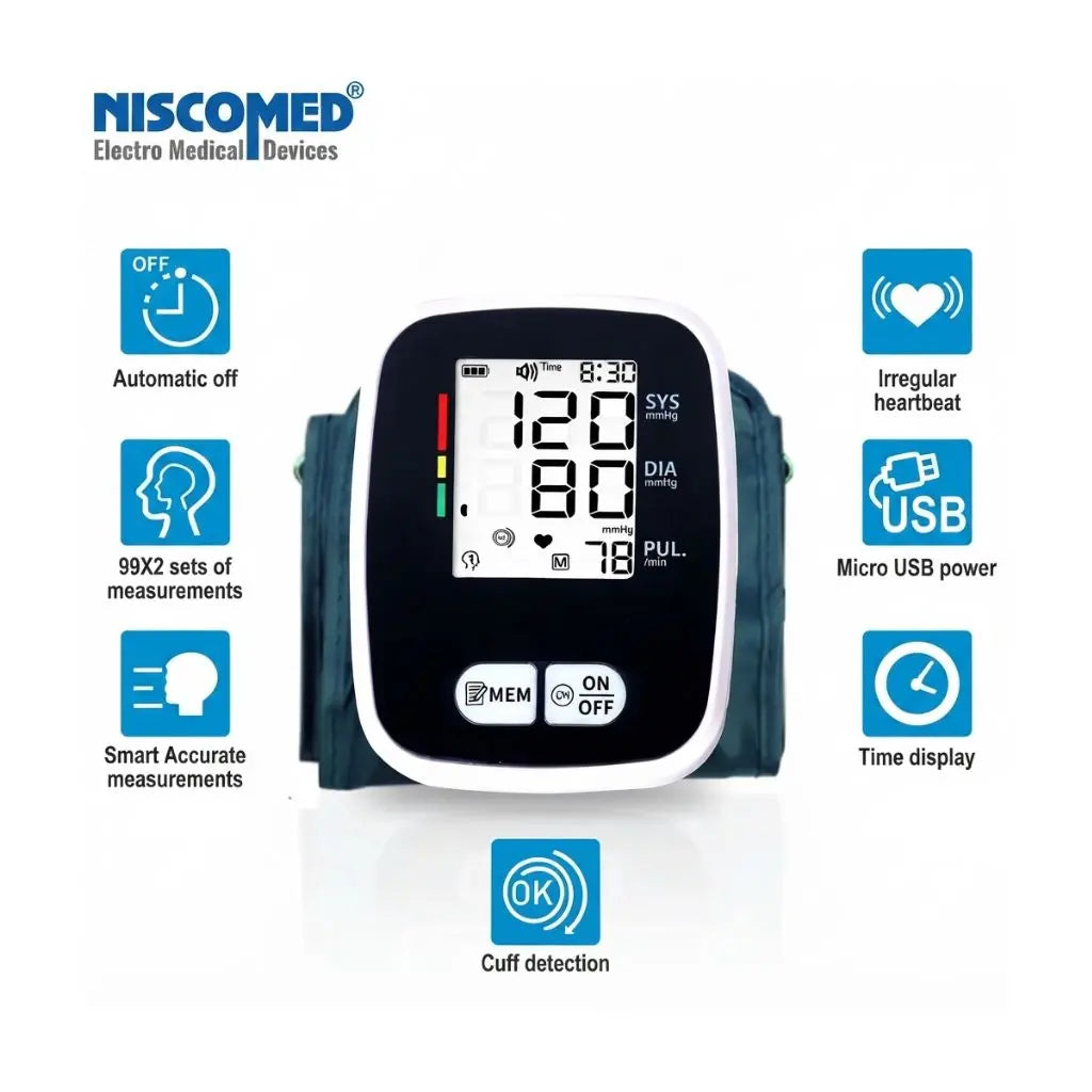 Feature icons of the digital bp monitor displaying automatic off, 99x2 memory sets, irregular heartbeat detection, and micro USB power.