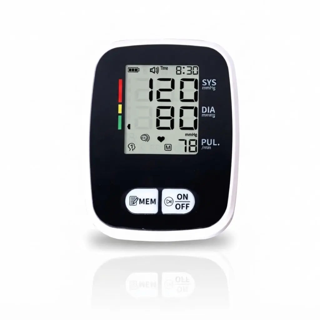 Close-up of the digital bp monitor screen showing blood pressure readings, pulse rate, time, and WHO classification bar.