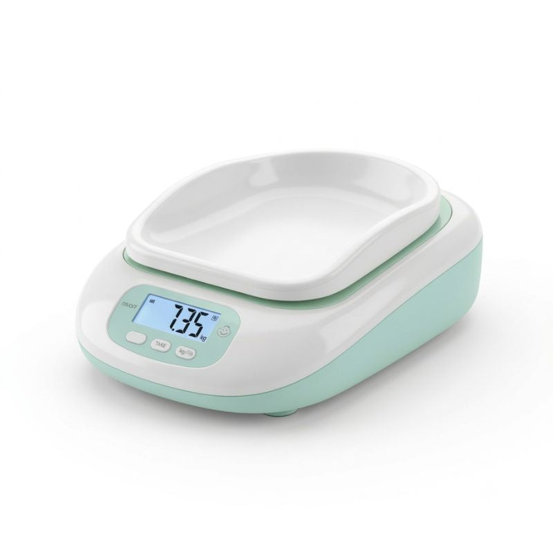 Feature breakdown infographic of a digital newborn weight machine highlighting its high-visibility display, safe swaddling pan, and intuitive touch controls.