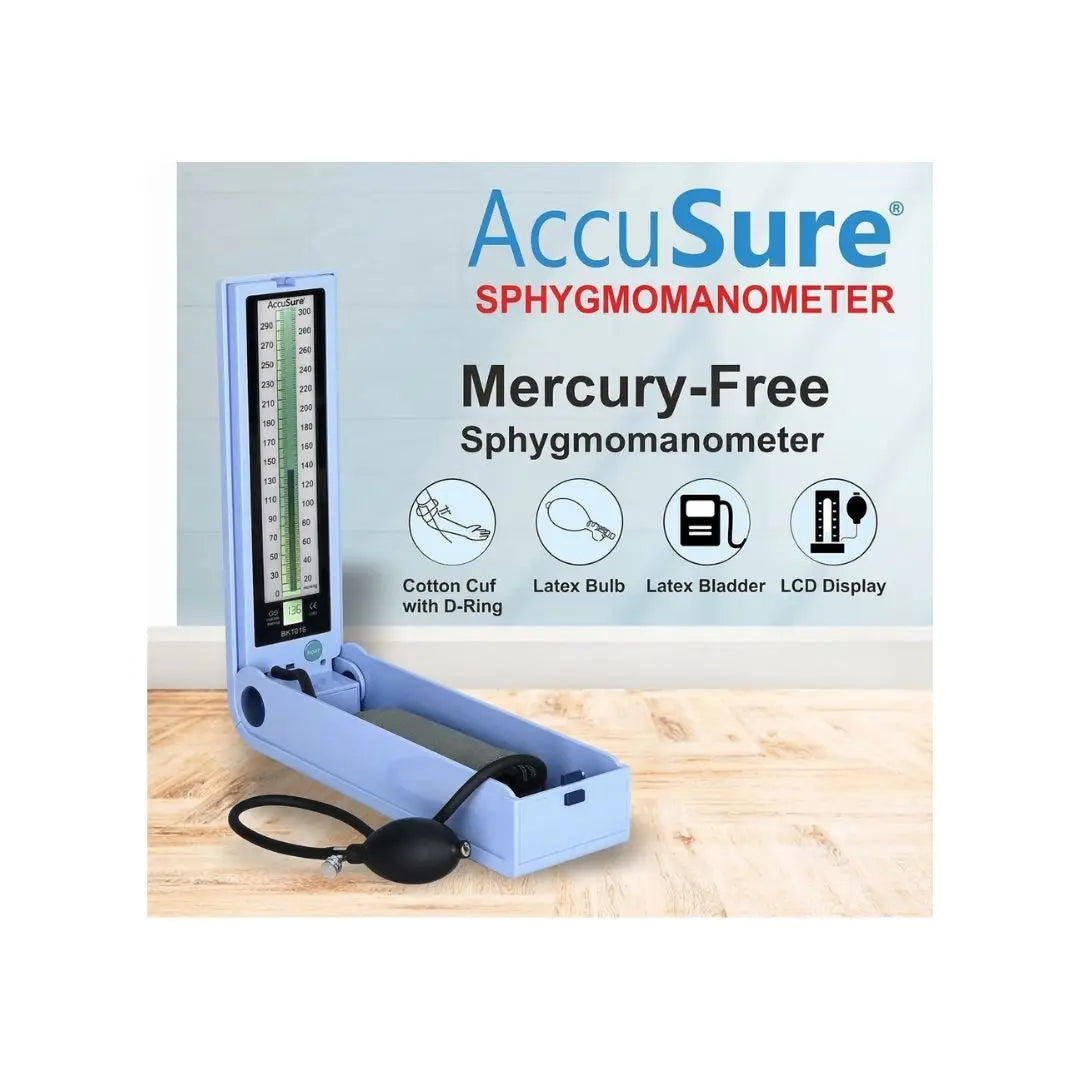 Feature breakdown graphic highlighting cotton cuff with D-ring, latex bulb, latex bladder, and LCD display for the AccuSure Digital Sphygmomanometer.