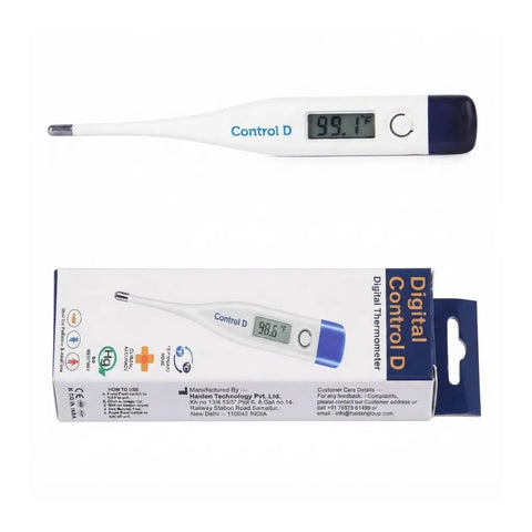 Product box and unit of the digital thermometer for fever displaying manufacturer and customer care details.