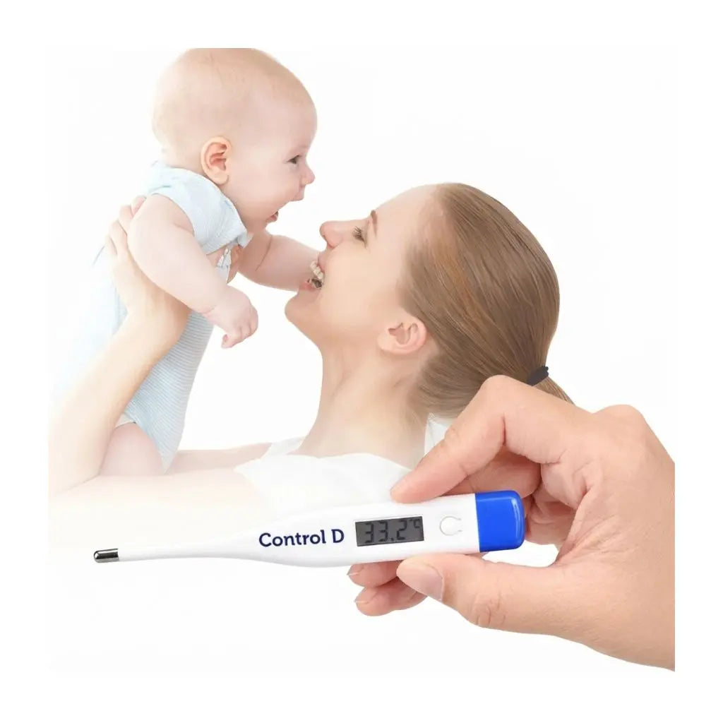 Safe usage demonstration of the digital thermometer for fever with an infant and mother.