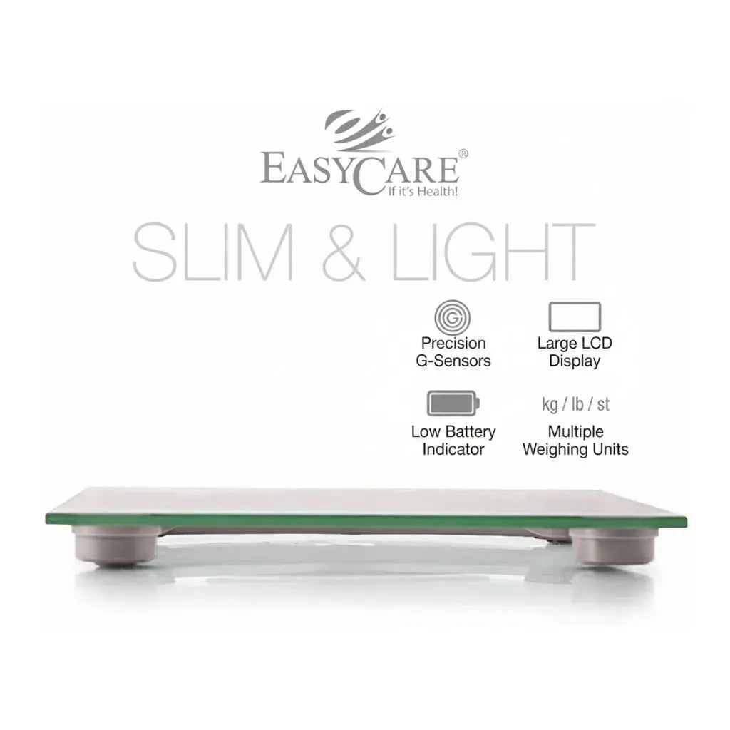 A slim and light digital weighing scale equipped with precision G-sensors, a large LCD display, low battery indicator, and multiple weighing units (kg/lb/st).