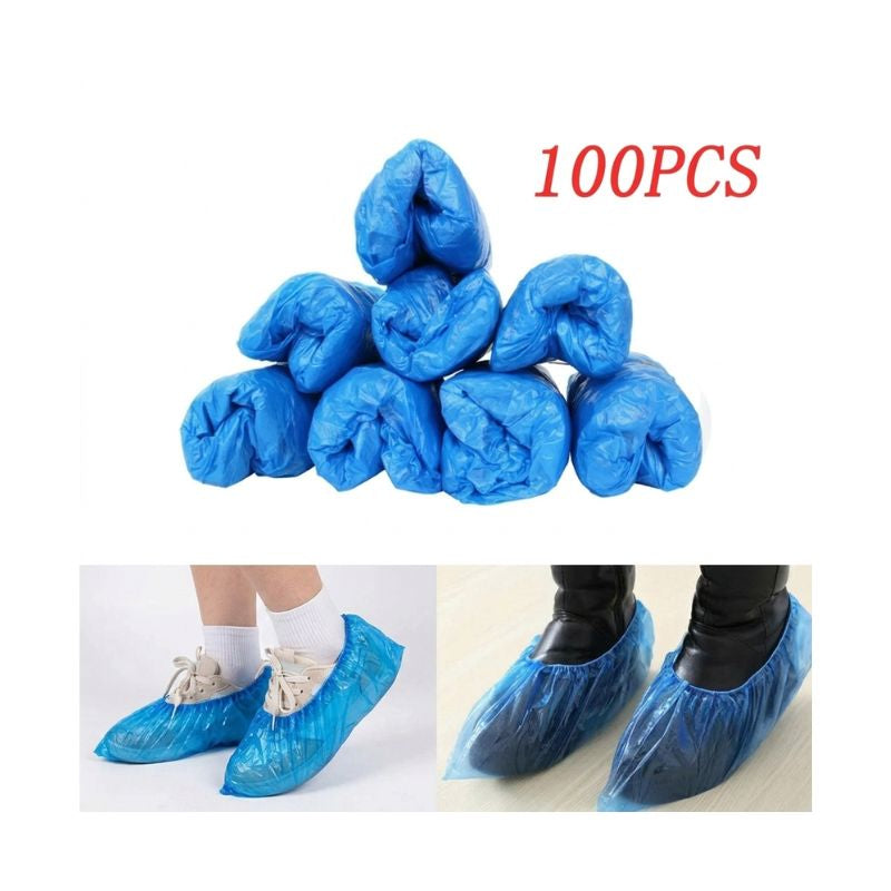 100 pcs disposable shoe covers package displayed with examples of sneakers and boots fitted with blue protective covers.