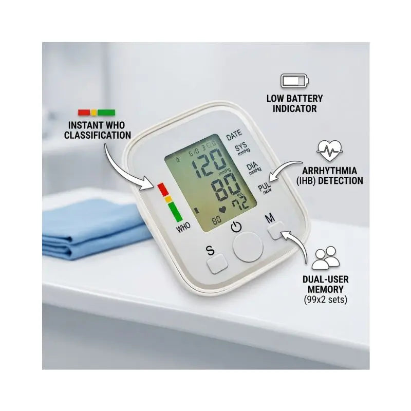 Feature breakdown of the doctor BP machine highlighting instant WHO classification, arrhythmia detection, and dual-user memory.