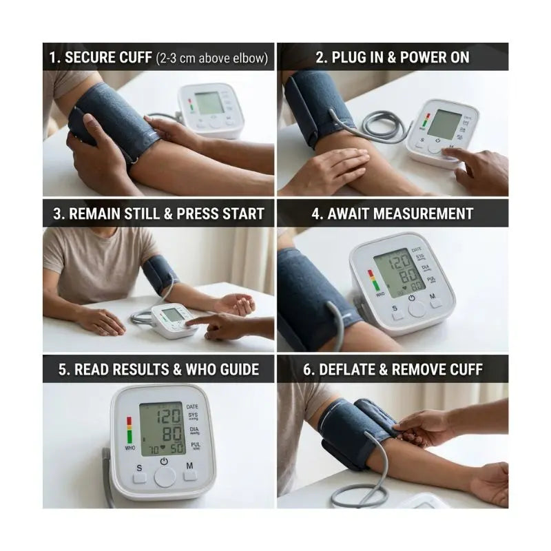 Step-by-step operating guide illustrating how to use the doctor BP machine from securing the cuff to reading results.