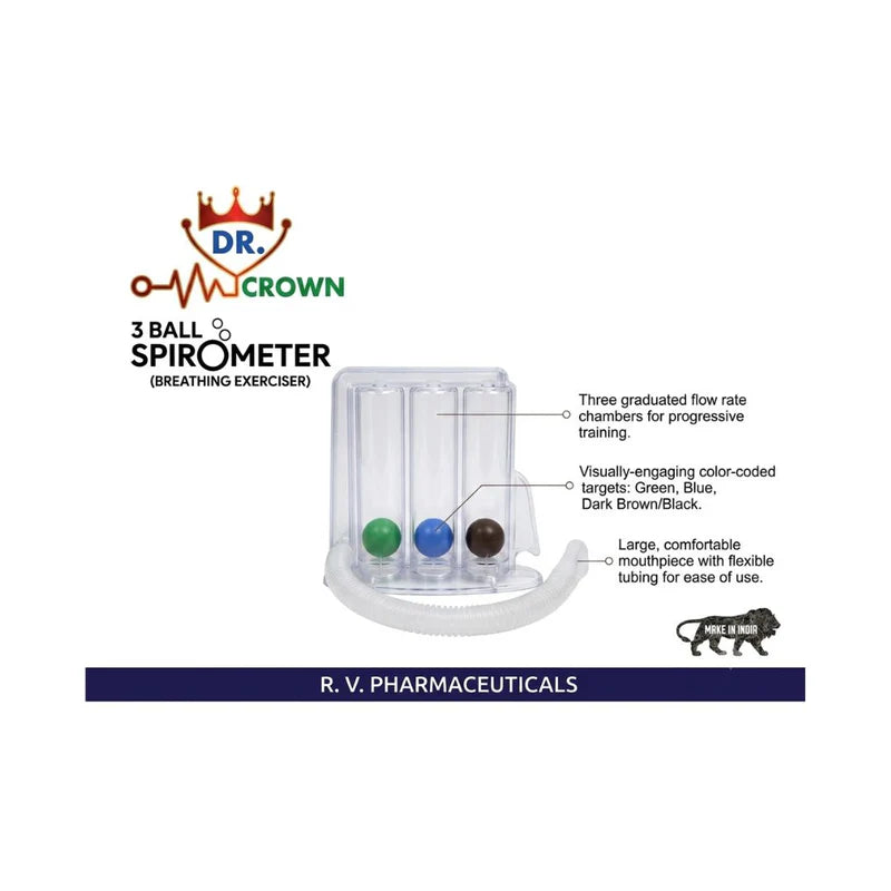 Detailed view of the graduated flow rate chambers, color-coded balls, and flexible mouthpiece tubing of the 3 ball spirometer.