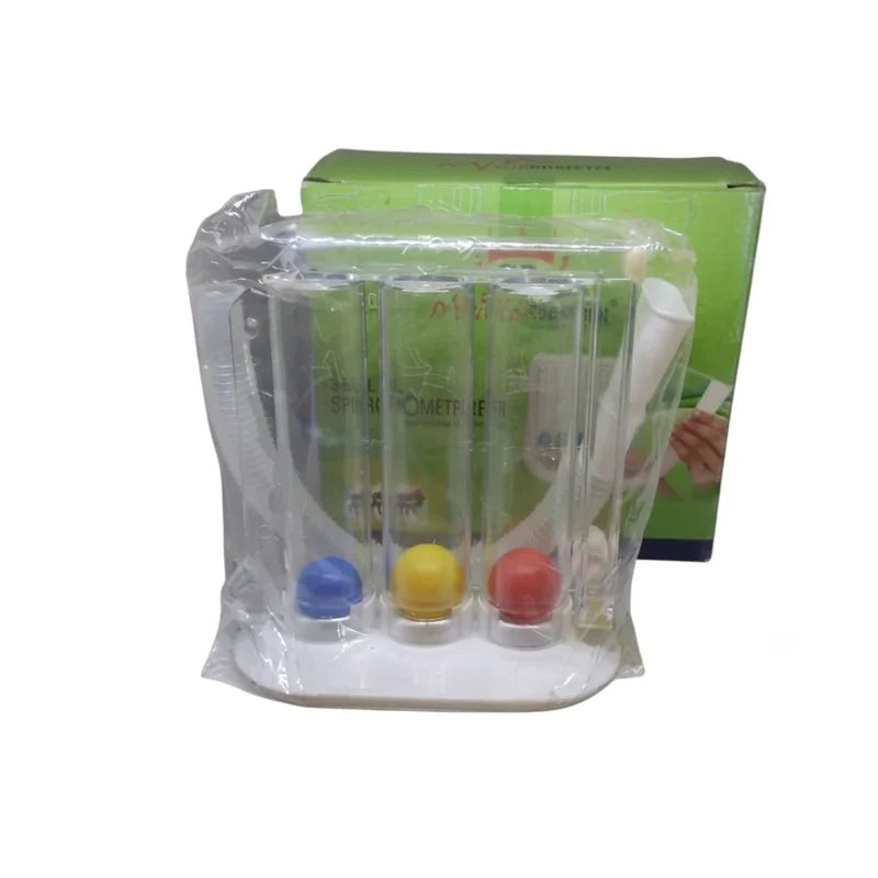 Complete retail box and packaged unit of the 3 ball spirometer breathing exerciser.