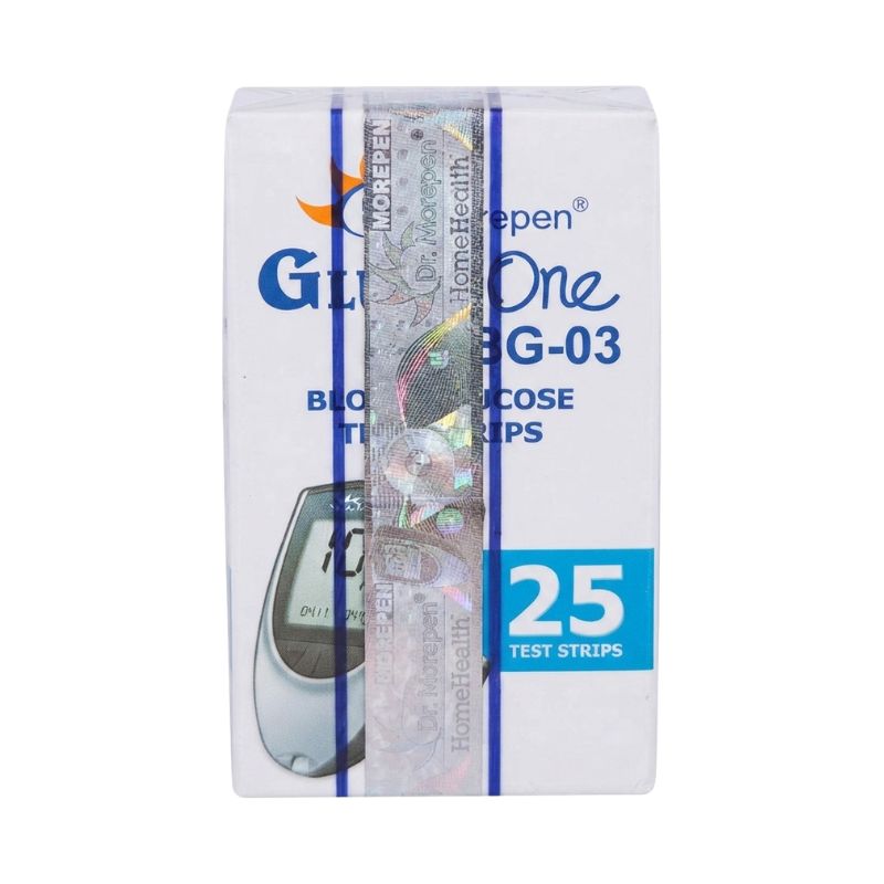 Dr. Morepen blood glucose meter strips packaging – GlucoOne BG-03 with 25 test strips, featuring HomeHealth branding for convenient and accurate home diabetes management.
