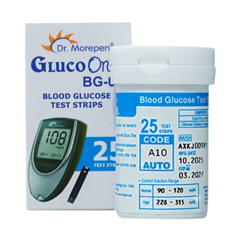 Dr. Morepen blood glucose meter strips vial label – 25 test strips for GlucoOne BG-03, code A10, batch AXKJ0098, expiry 03.2027, with normal control range 90-120 mg/dL and high range 228-315 mg/dL for accurate diabetes testing.