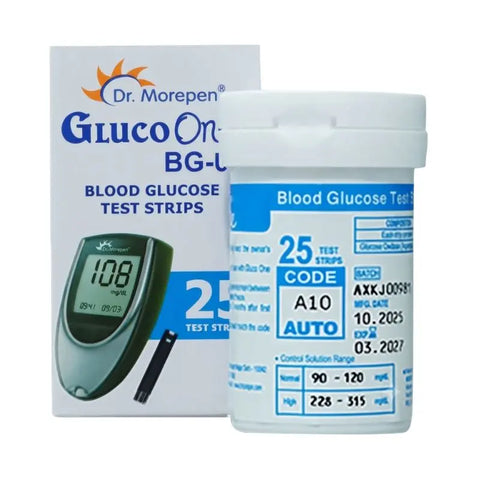 Combined view of the storage vial showing code A10 and outer packaging for Dr morepen blood glucose meter strips.