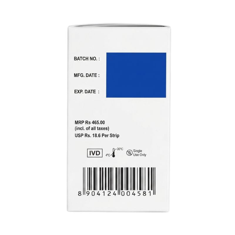 Dr. Morepen blood glucose meter strips tear-off label – 25 test strips, MRP Rs. 465.00 (Rs. 18.6 per strip), IVD certified, store at 4°C-30°C, single-use only, and barcode for easy identification.