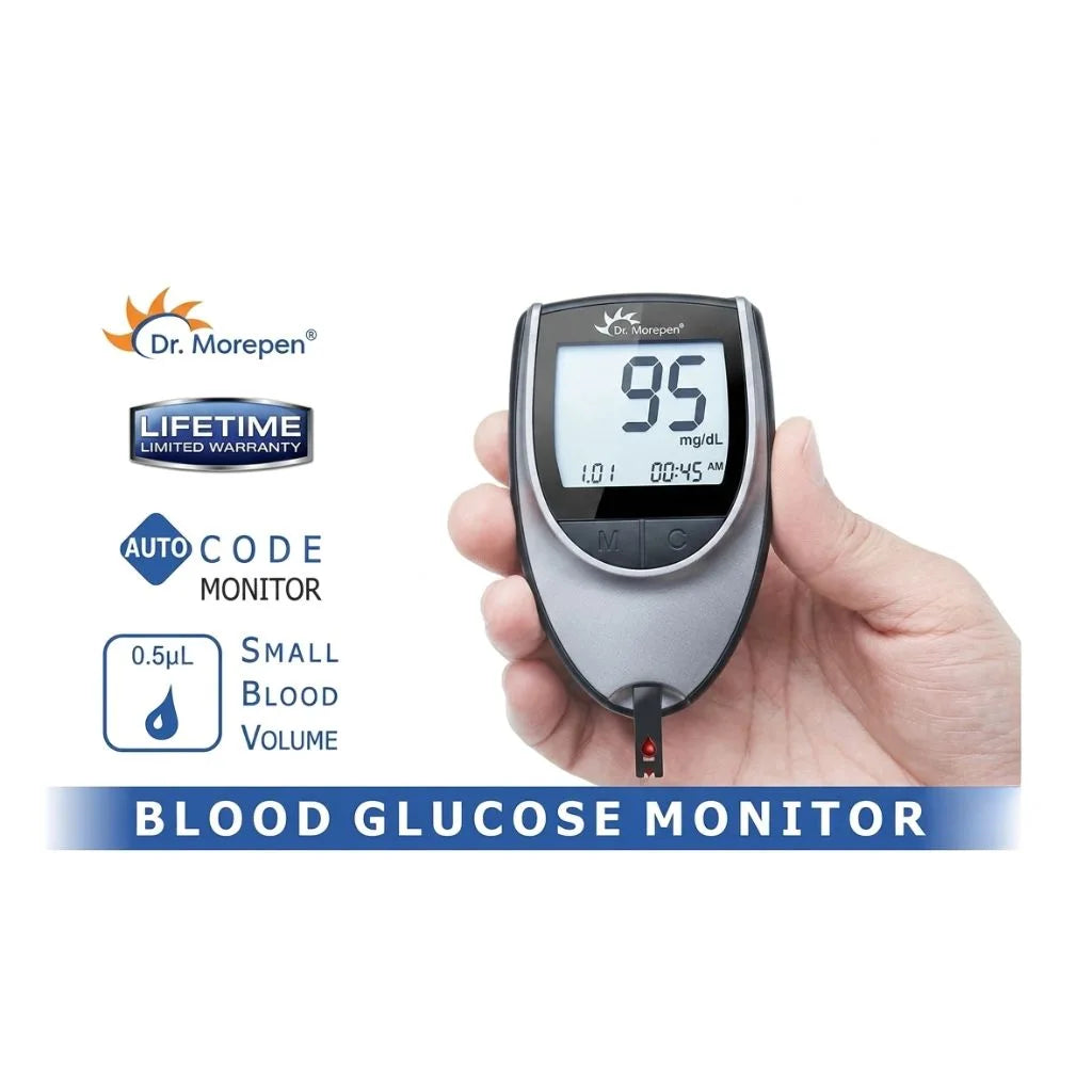 Dr Morepen GlucoOne BG 03 autocode blood glucose monitor with 0.5 µL small blood sample volume and lifetime limited warranty for convenient diabetes care.