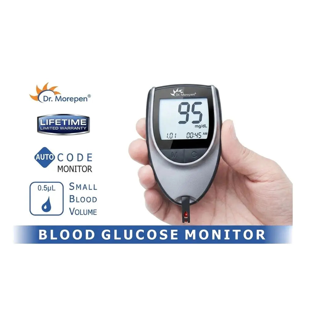 A user testing blood glucose levels with a test strip inserted into the dr morepen gluco one bg 03 meter.