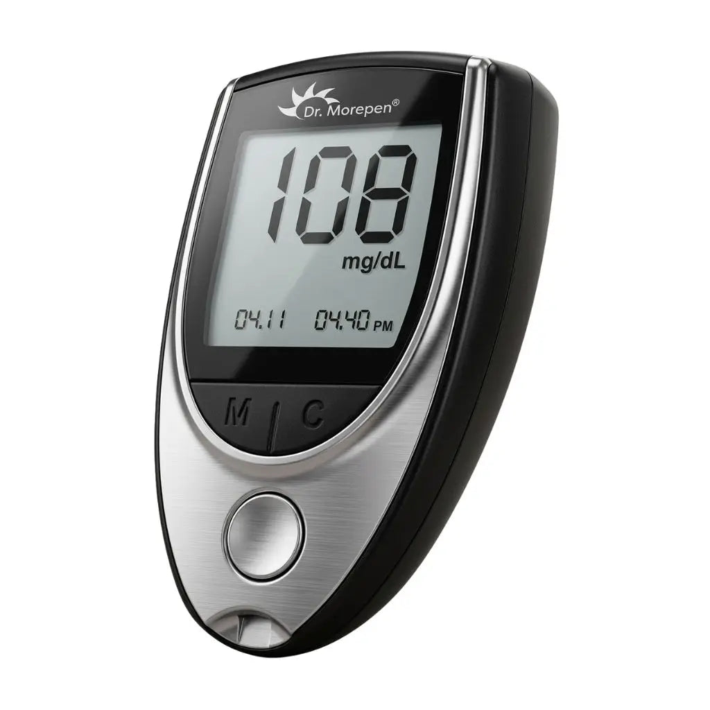 Close-up of the dr morepen gluco one bg 03 digital blood glucose meter displaying a test result of 108 mg/dL.