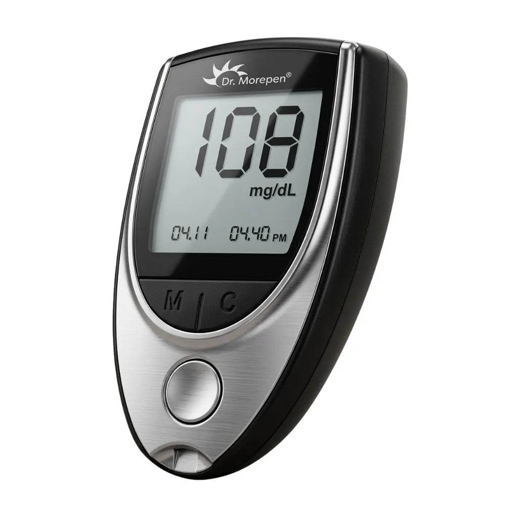Dr Morepen GlucoOne BG 03 blood glucose monitor display showing measurement reading with time and date for tracking daily blood sugar levels.