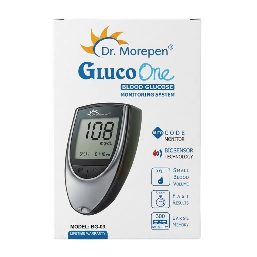 Dr Morepen GlucoOne BG 03 blood glucose monitor model BG-03 with autocode, biosensor technology, small blood volume, fast results, and lifetime warranty.
