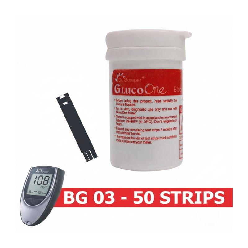Dr. Morepen strips 50 vial with GlucoOne meter showing 108 mg/dL blood sugar reading – compatible with BG-03 meter, store in cool dry place, and match code number on meter for accurate results.