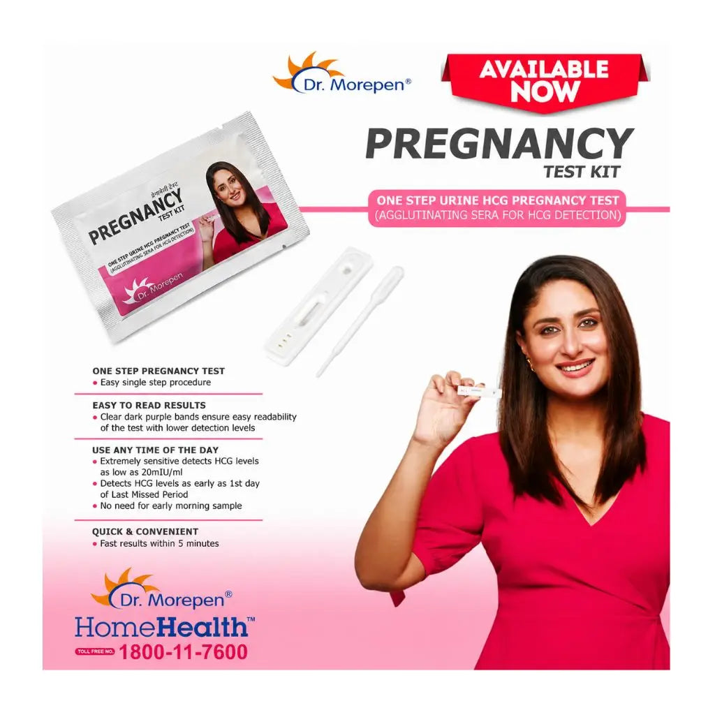 Dr. Morepen pregnancy test kit packaging and brand ambassador imagery.