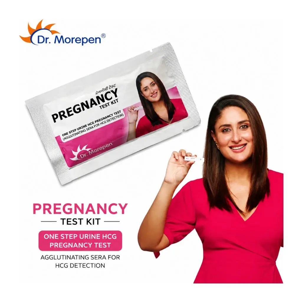 Dr. Morepen HomeHealth pregnancy test kit with test device, dropper, and usage benefits.